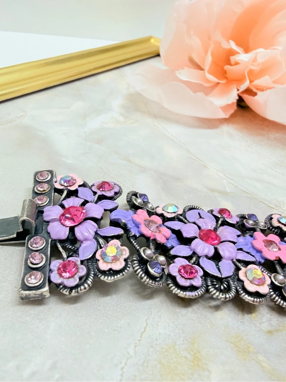 Vintage wide bracelet signet Michal Negrin,Silver purple flowers with crystal